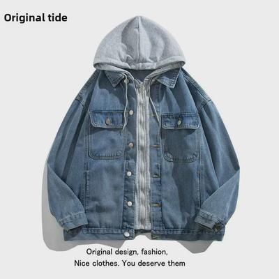 Мужская джинсовая куртка с капюшоном в стиле колор-блок, весна/осень 2022 – модная японская повседневная одежда