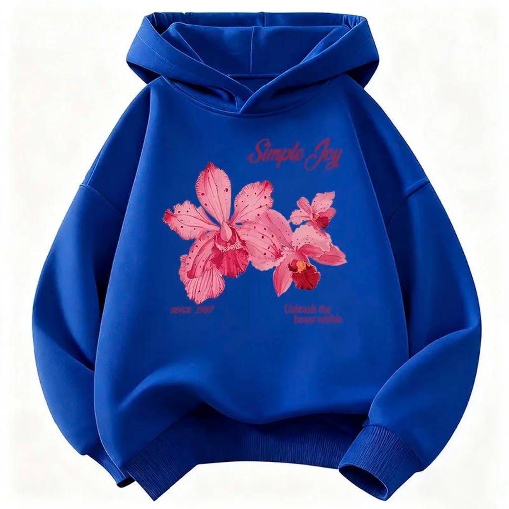 Children's Round Neck Hooded Sweatshirt Loose Comfortable Casual Stylish Outdoor Sports Flower Pattern Printed Long Sleeved