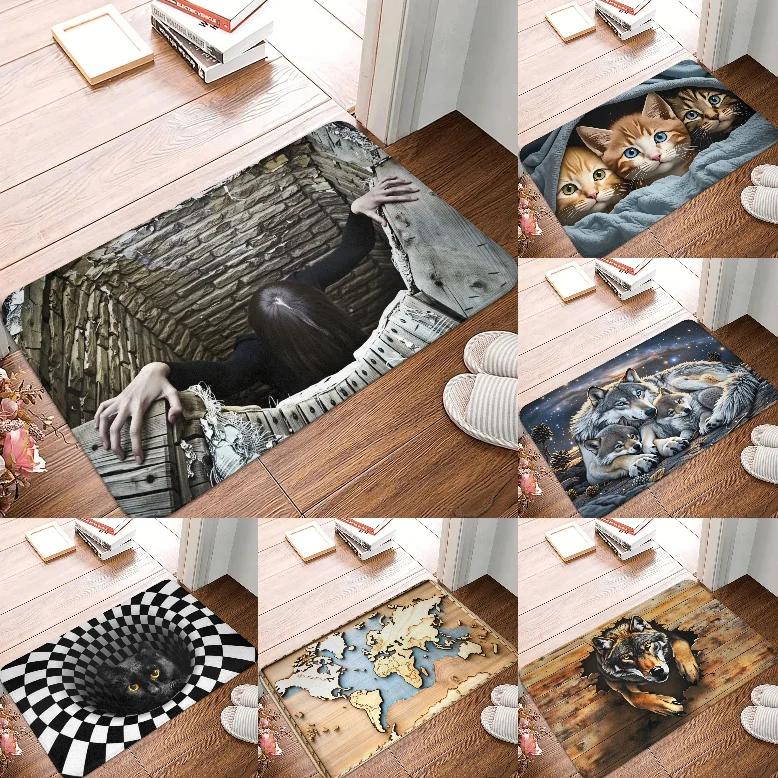 3D Visual Carpet Cartoon Cute Cat and Dog Anti Slip Door Mat Suitable for Bedroom Kitchen Bathroom Door Mat Home Decoration