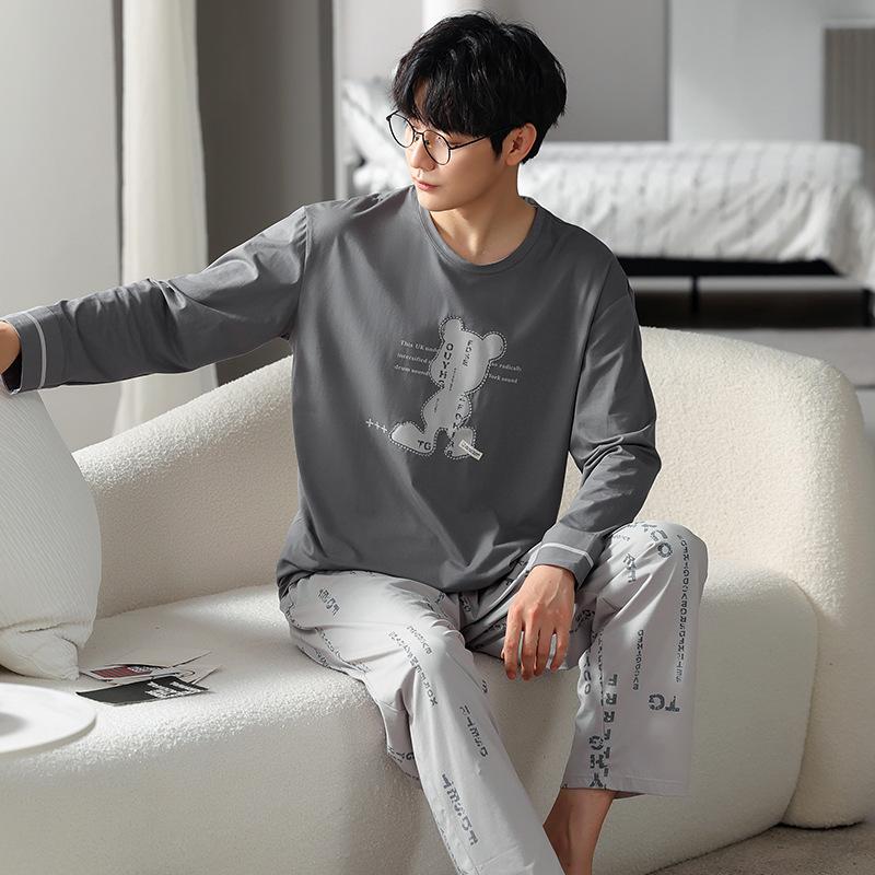 Тип Пижамный костюм из чистого хлопка на осень-зиму для мужчин с длинными рукавами из хлопка, комплект домашней одежды для мужчин, мягкая домашняя одежда для мужчин