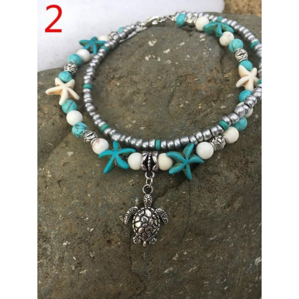 Beach Anklet Ankle Bracelet Turtle Anklet Starfish Anklet Nautical Anklet  Beaded Anklet (Color: Silver)