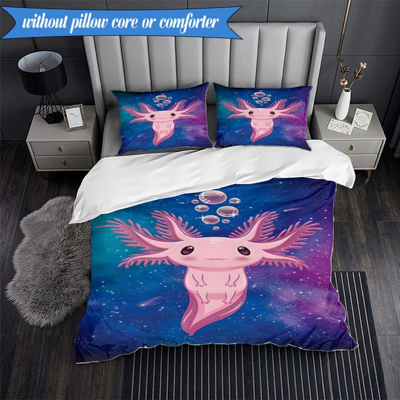 3PCS Fantasy Axolotl Moon Night Sky Bedding Set,Including 1pc Duvet Cover And 2pcs Pillowcases Perfect for Bedroom, Dormitory, Fan Christmas gift