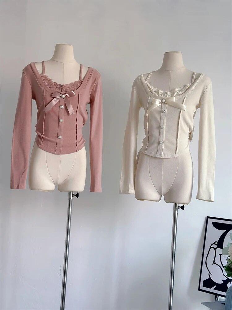 Винтажные футболки из двух предметов для девочек Mori Girl, женские кружевные лоскутные укороченные топы с милым бантом, женский эстетический однотонный пуловер Kawaii, новый