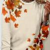 Cozy Maple Leaf Print Crew Neck T-Shirt - Classic Design, Relaxed Fit, Long Sleeves for Comfort - Perfect for Women, Spring and Fall Seasons