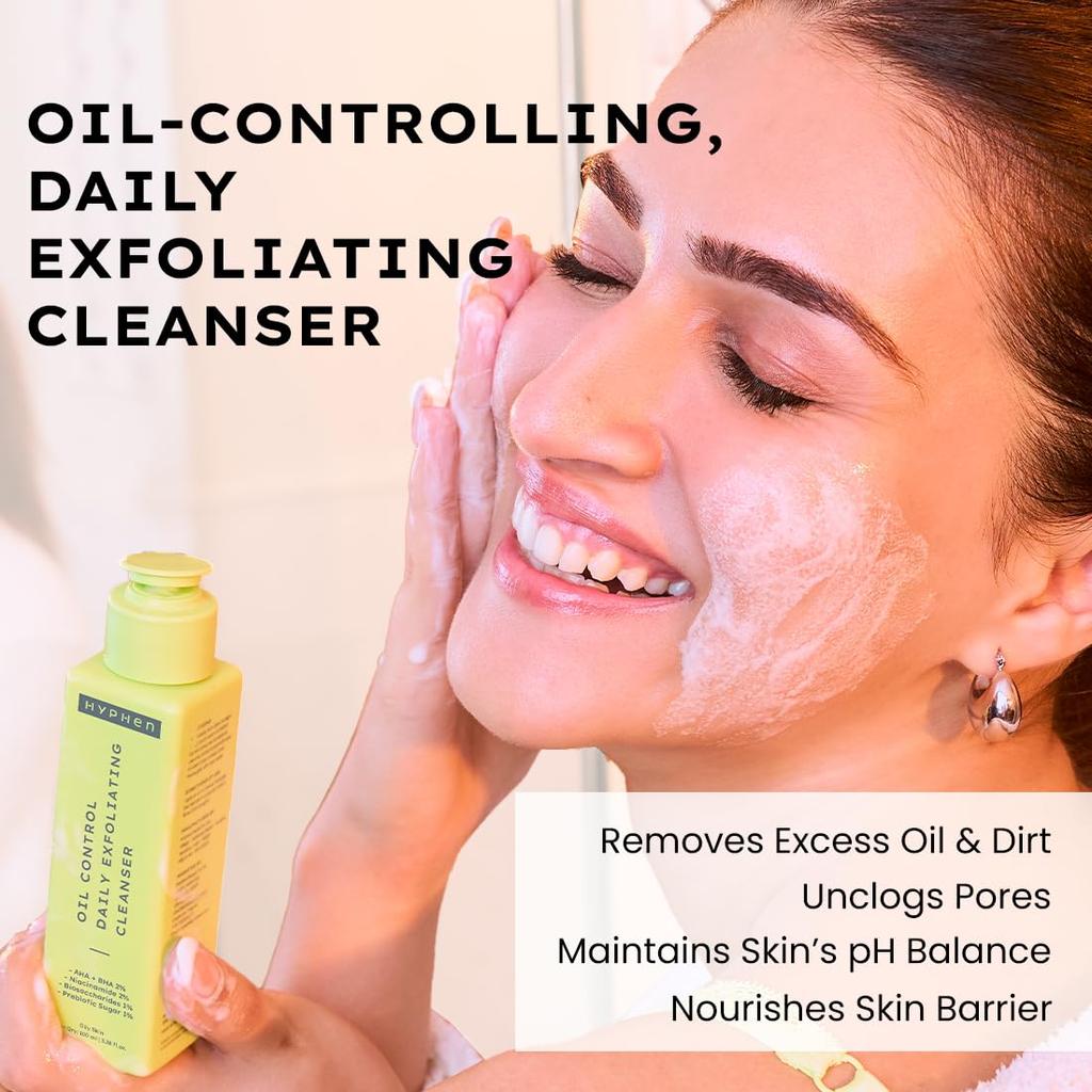 Hyphen Oil Control 2% AHA + BHA, Салициловая Кислота Средство для Умывания Лица для Жирной Кожи & Акне | Ежедневный Отшелушивающий Очищающий Гель с 2% Ниацинамида | Глубоко Очищает &
