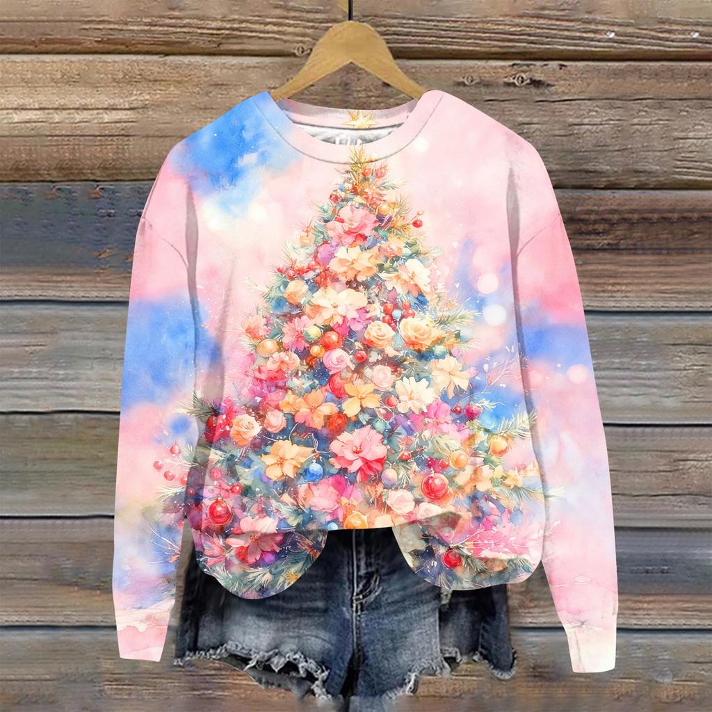 Женская модная рождественская принтованная толстовка с длинным рукавом и круглым вырезом