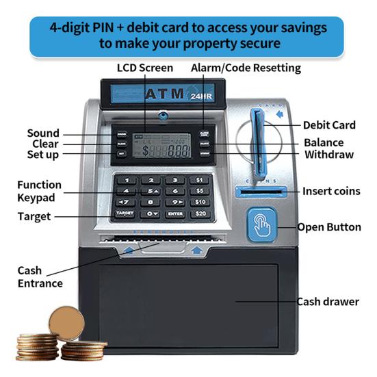 Yousheng Kids ATM Piggy Bank Toy с картой, электронными деньгами, монетами, сберегательной копилкой, обучающим автоматическим банкоматом с паролем, для малышей, мальчиков и девочек, подарок