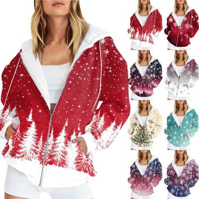 Женская мода повседневная рождественская принтовая толстовка осень-зима с длинным рукавом кардиган куртка с карманом на молнии толстовка с капюшоном куртка