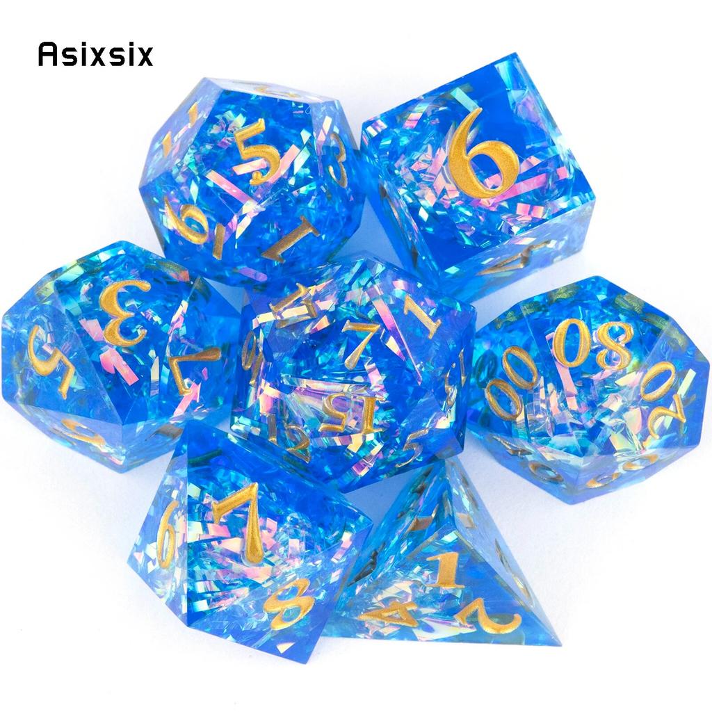 7 Pcs Blue Resin Golden Number Sharp Edge Dice Polyhedral Dice Suitable for Role-Playing RPG Board Game