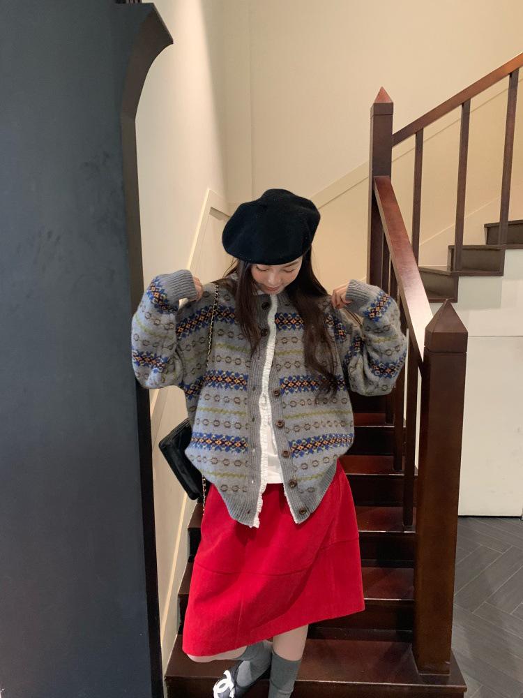 Available: Korean Chic Christmas Red High-Waisted Corduroy Midi Skirt for Women