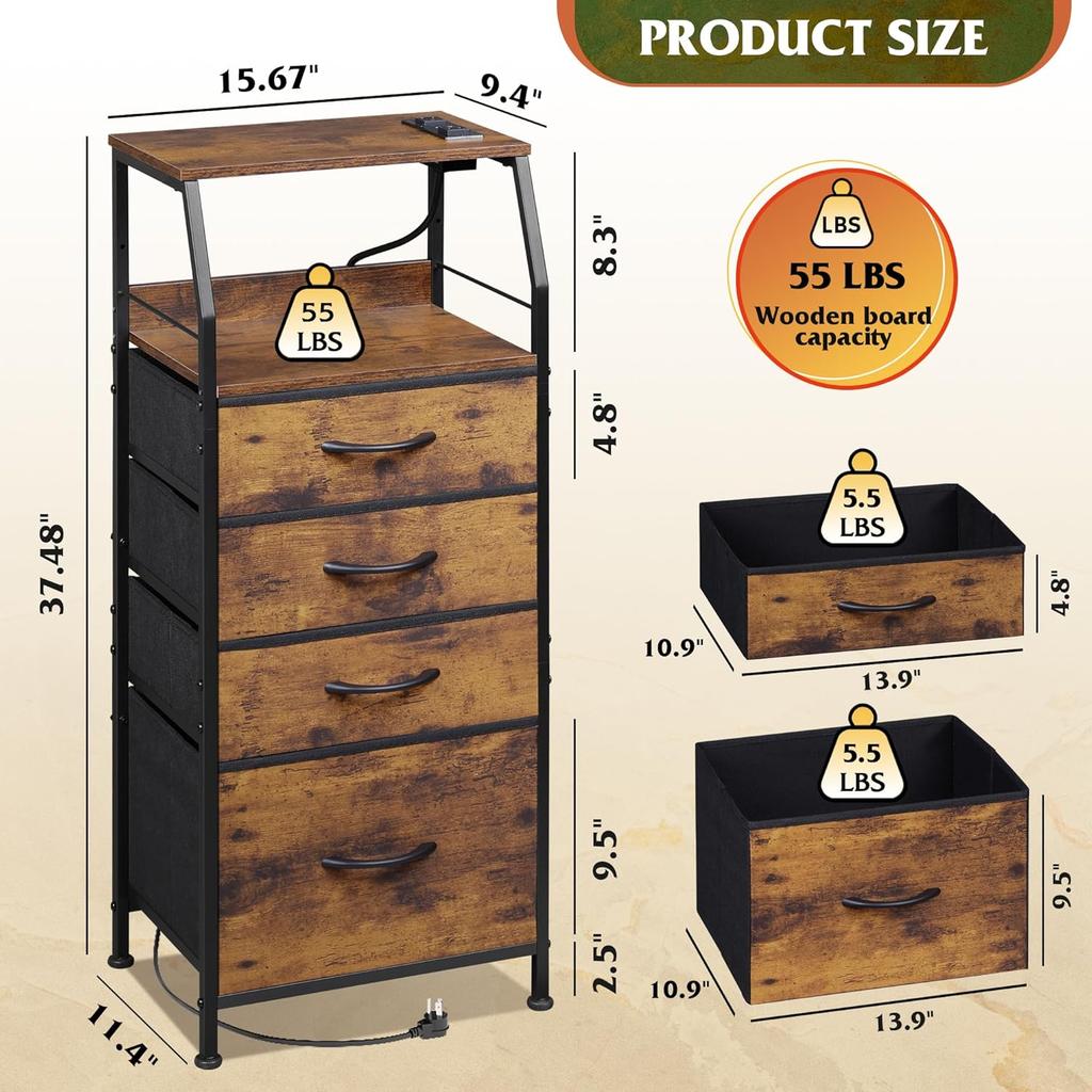 Комод с 4 ящиками, тумбочка высотой 37 дюймов со станцией для зарядки, светодиодной подсветкой, USB и розеткой, тканевыми ящиками, деревянной полкой, рустикальный коричневый