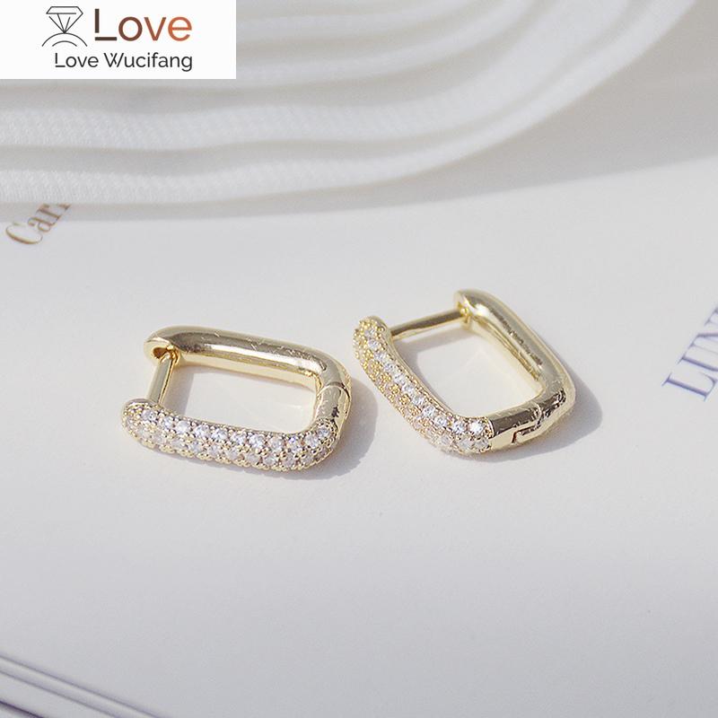 Серьги-замки с квадратным креплением, простого дизайна, 14 карат, настоящее золото, изысканные женские серьги с инкрустацией из меди и циркония, ювелирные изделия