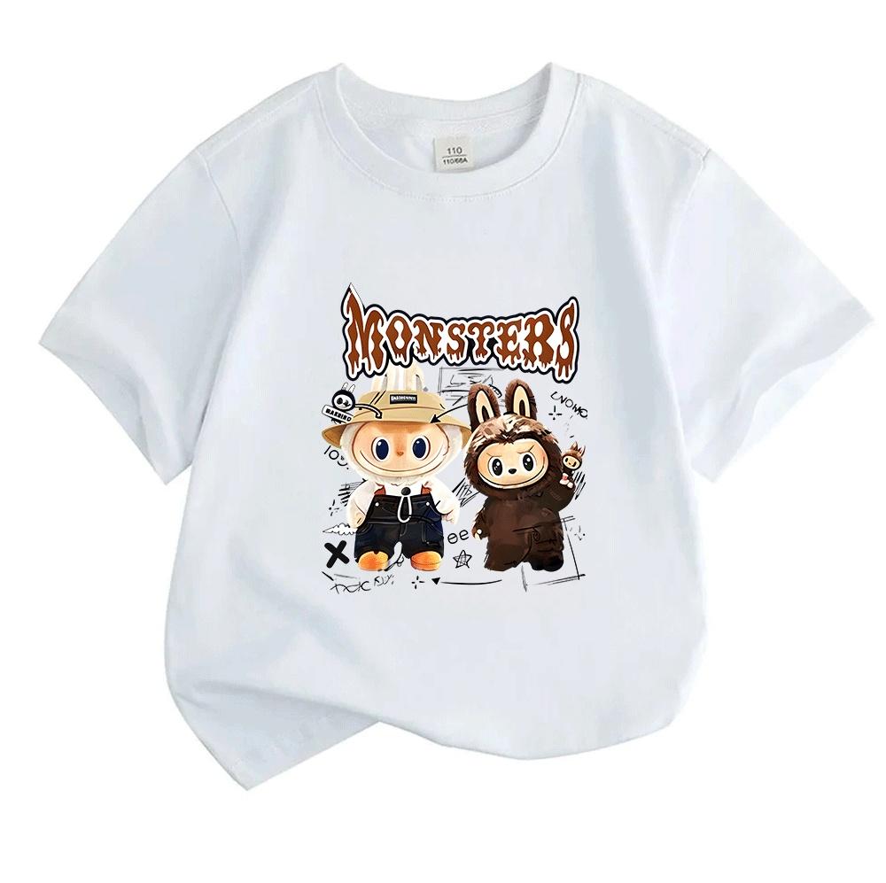 Kids Boys Girls 100% Cotton Crew Neck Short Sleeve T-Shirt, Funny Cute Cartoon Monsters Print Casual Soft Breathable Tee for Daily Wear Summer Tops