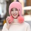 New High Quality Warm Hat Women Rabbit Fur Winter Hat Female Fashion Add Fur Lined Pompoms Knitted Hat