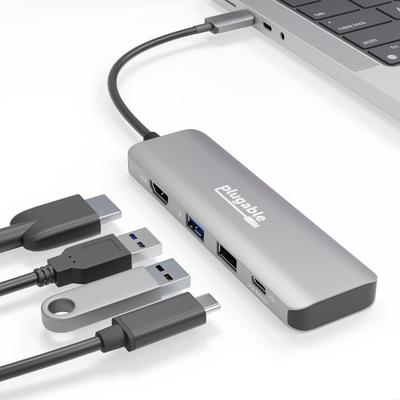 Многопортовый USB-C хаб Plugable 4-в-1 с поддержкой сквозной зарядки 100 Вт, портом HDMI 4K 60 Гц, совместимый с Thunderbolt для Windows, Mac, Chromebook и других устройств