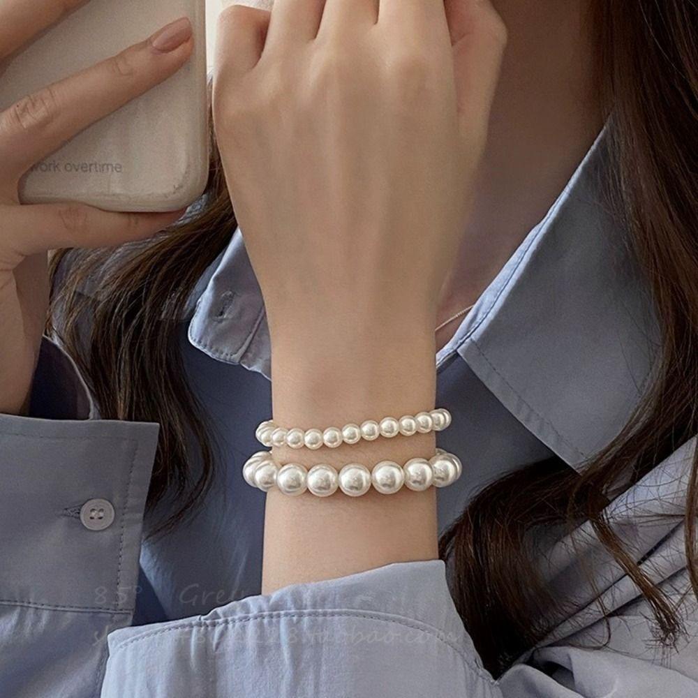 Baroque Pearls Bracelet White Wide Bangle Unique Elastic Bracelet  Girl