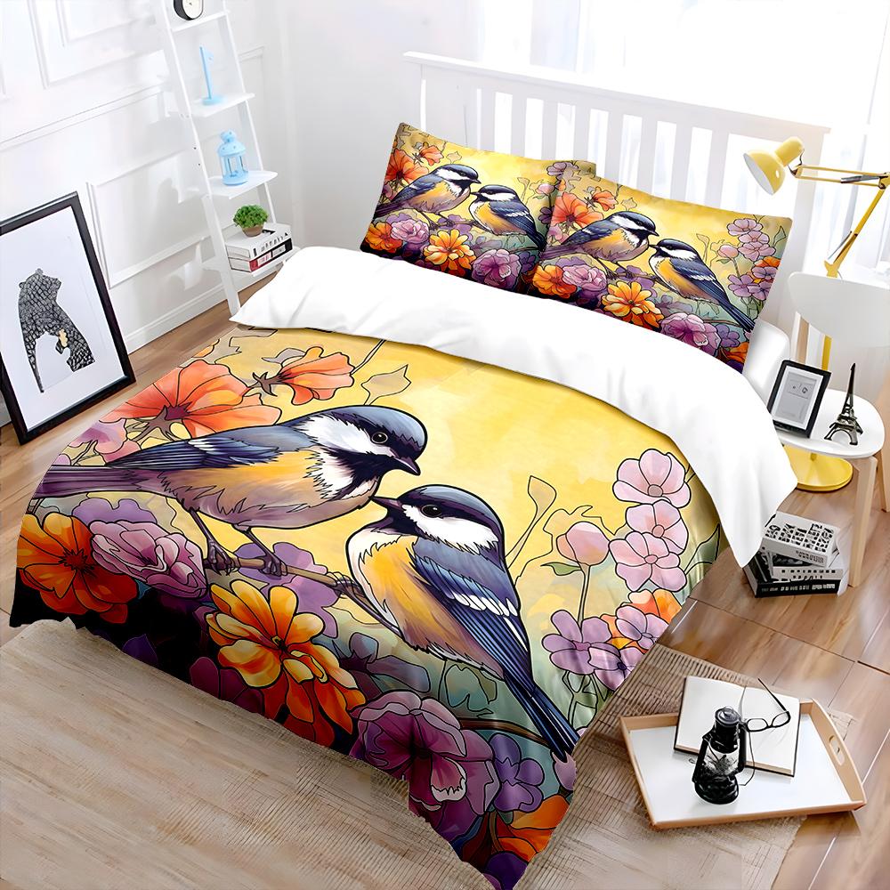 Two colorful birds in flowers Print Soft Comfortable Duvet Cover Bedding Set Included 1*Duvet Cover 2*Pillowcases