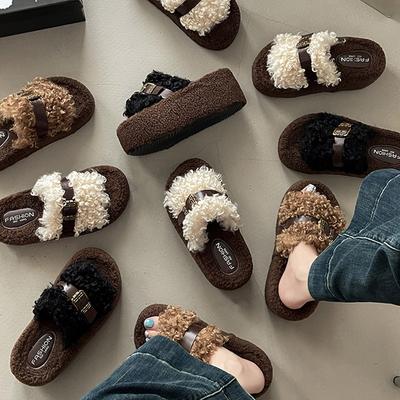 Piaohong ретро стиль толстая подошва увеличивающая рост изысканная пряжка ремня тапочки Мао Мао женские 2025 осень и зима новые хлопковые тапочки на одной перемычке