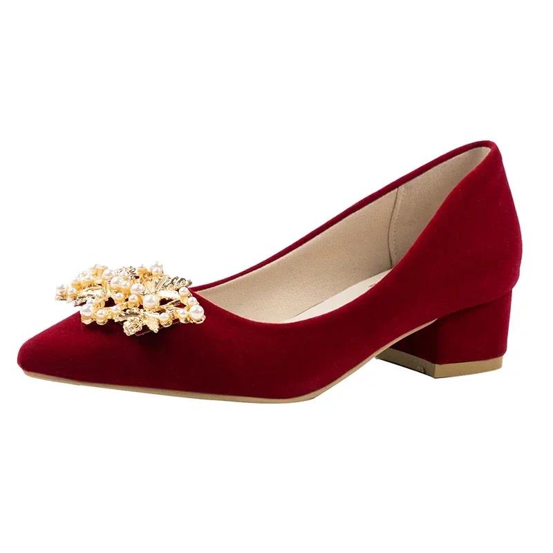 Fashion Spring/Summer/Autumn Wedding Shoes Women's Thick Heels 2024 New Bride Red Suede Wedding Shoes