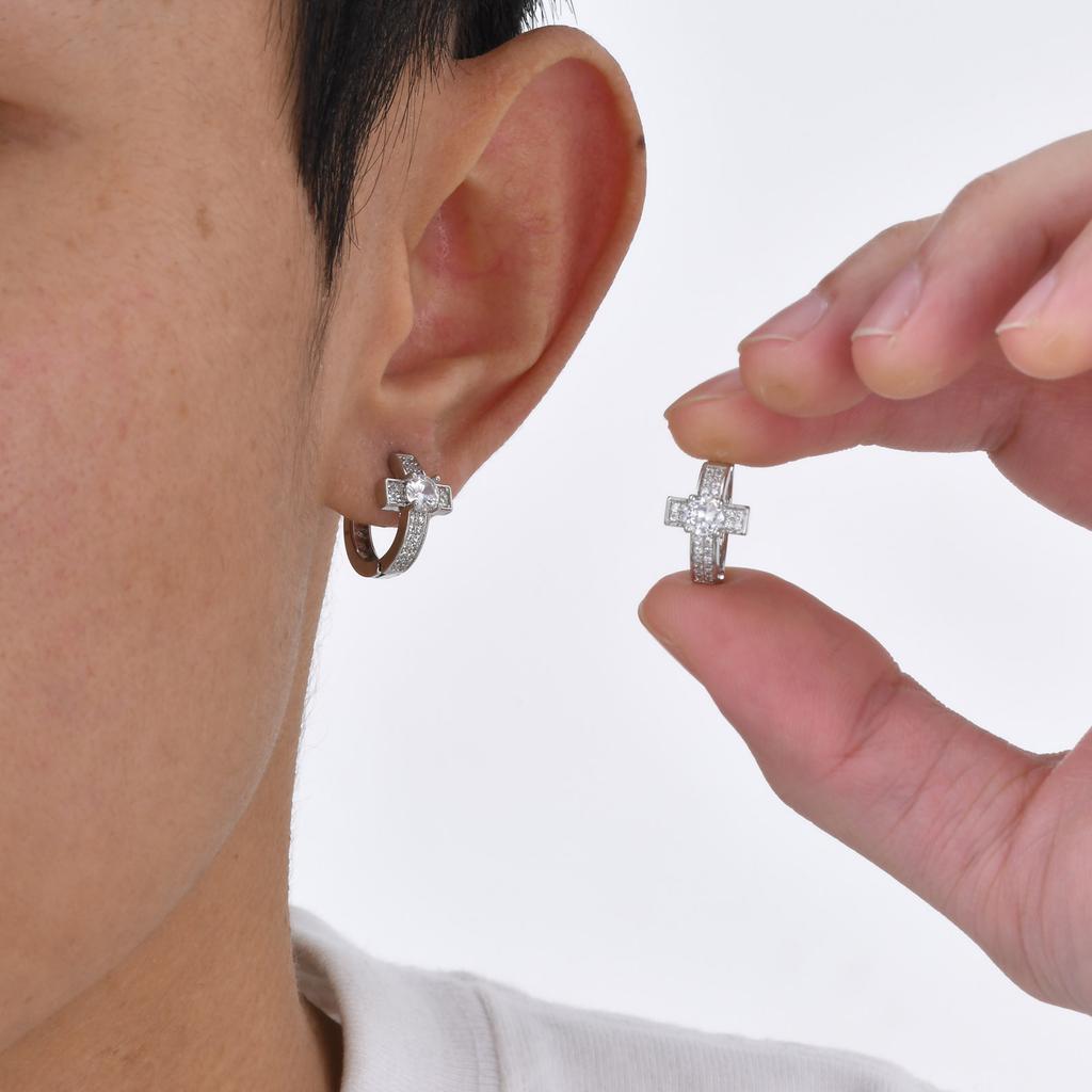 Cross Hoop Earrings for Men Boys,Hip Hop Big Zircon Huggies Earrings,Cool Rap Trendy Jewelry Gifts
