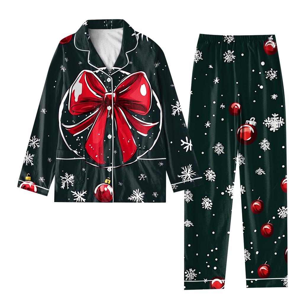 Child 2 Piece Christmas Day Printed Suit Long Sleeve Button Up Top Wide Leg Pants Suit Set Pajamas Home Casual Suit