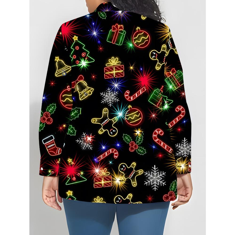 Large Size Women's Long Sleeve Shirt, Christmas Style Print, Loose Print Shirt, Christmas Elements