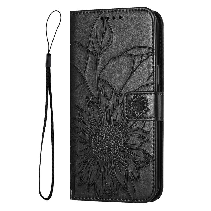 Embossed Sunflower PU Leather Card Holder Flip Cover for Samsung Xiaomi Redmi Huawei Honor Magnetic Hand-strap Wallet Case with Kickstand