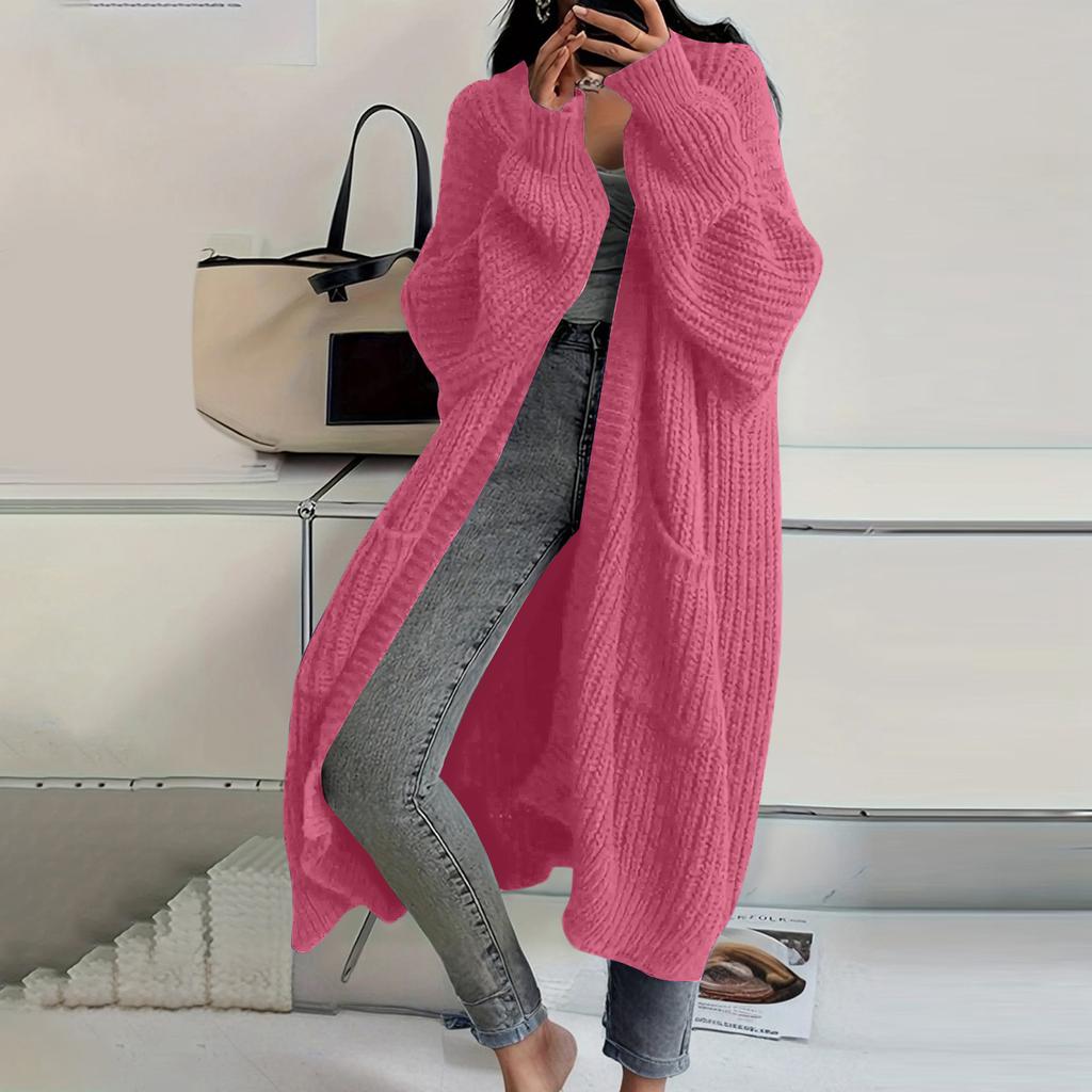 Женский однотонный кардиган машинной вязки с длинным рукавом до колена, ленивый тренд, куртка для волос средней длины