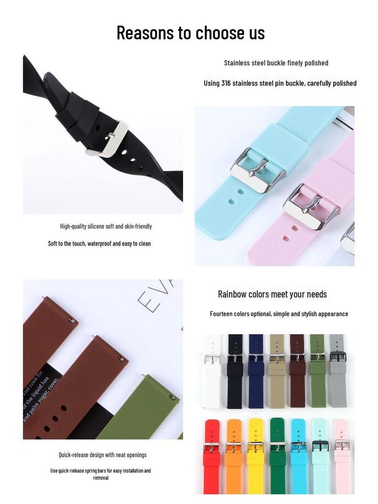 Многоцветный водонепроницаемый силиконовый ремешок для смарт-часов с быстросъемными шпильками размеров 16/18/20/22/24 мм