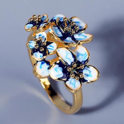 Изысканные кольца для женщин, модное кольцо с цветами синего и золотого цвета, модные ювелирные изделия, эмалированное кольцо ручной работы для вечеринки