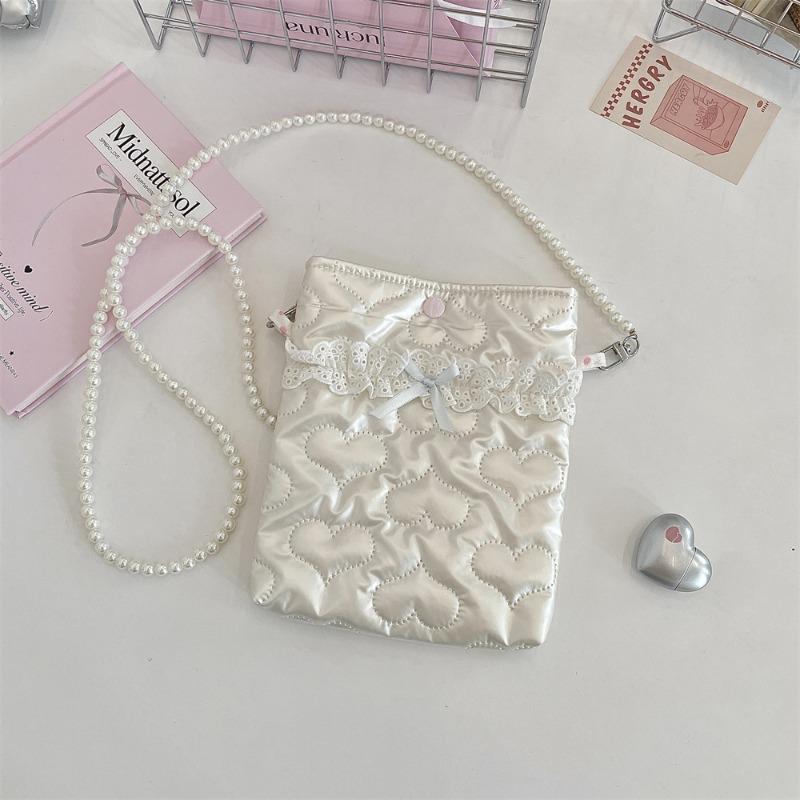 Pu Bow Padded Cotton Messenger Small Bag Mobile Phone Bag Pearl Chain Bag Portable Mini Cosmetic Bag