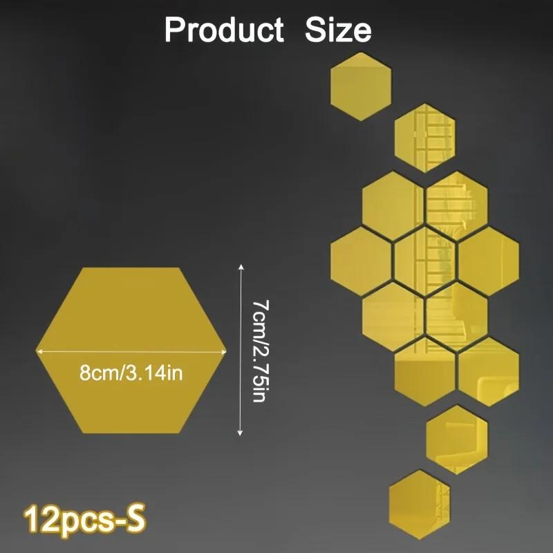 12Pcs Hexagon Acrylic Mirror 3D Wall Sticker Mirror Home Decoration DIY Removable Mirror for Living-Room Art Ornaments