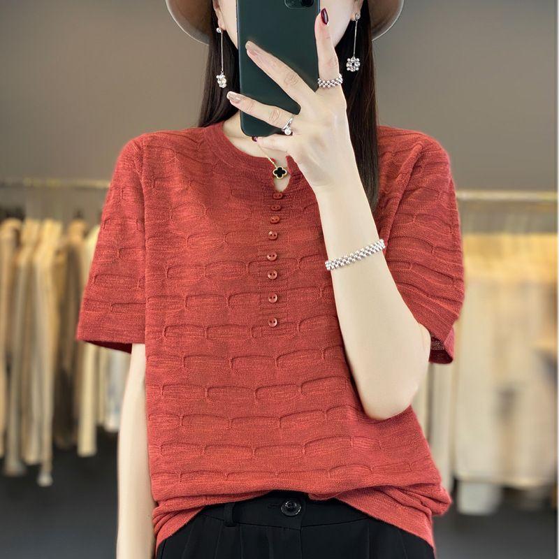 Повседневная свободная женская футболка Ice Silk с короткими рукавами, летняя рубашка из тонкого трикотажного льна с пуговицами