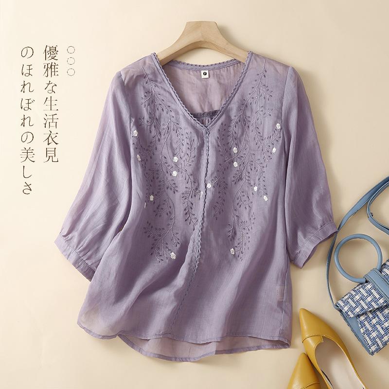 Summer Women's Shirt Medium-sleeved Cotton Linen Shirt Embroidered Thin Temperament Loose Shirt Tops