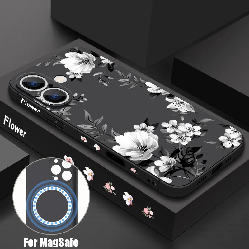 Магнитный чехол с черно-белым цветочным узором для Magsafe, для iPhone 16 Pro Max, Coque iPhone 15 Pro Max 14 13 11 17, чехол со встроенной металлической пластиной