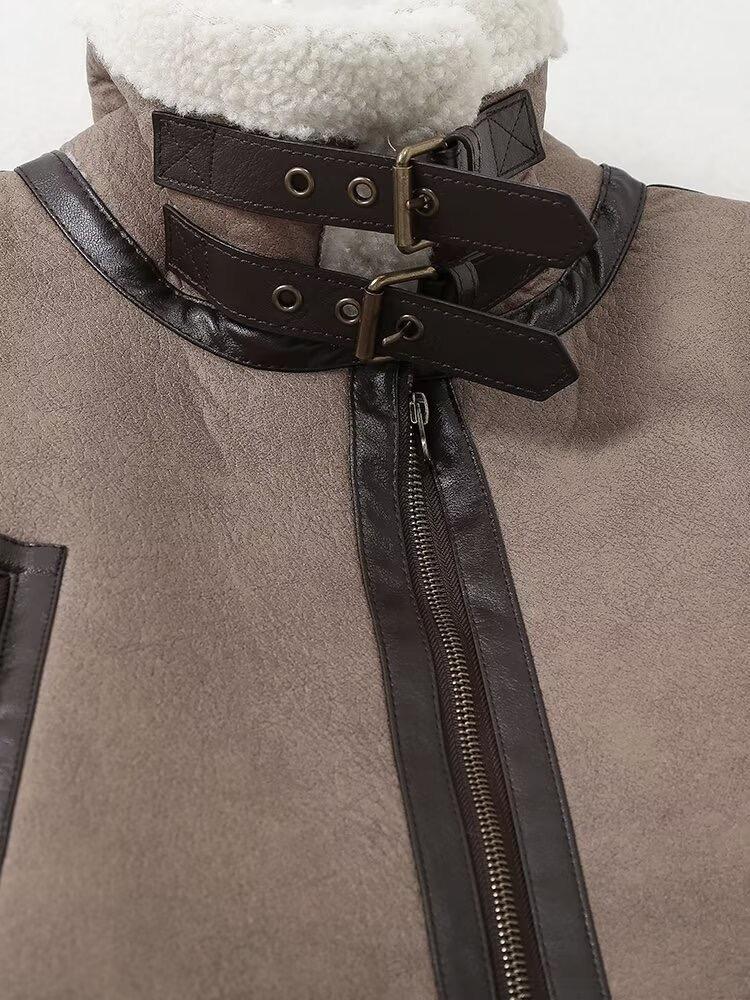 Женская мода толстая теплая искусственная овчина куртка пальто винтажная с длинным рукавом пояс подол женская верхняя одежда