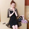 Women Evening Dress Mesh Patchwork Irregular Neck Star Ruffle Sequin Double-layered Round Short Sleeves Prom Party Dating Mini Dress