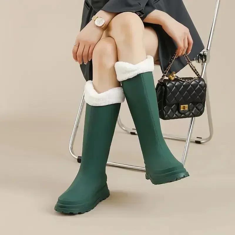 Fashion 2024 Women's Rubber Rain Long Boots Plush Lined Warm Non-slip Waterproof Outdoor Platform Shoes Women's High Boots Botas Mujer