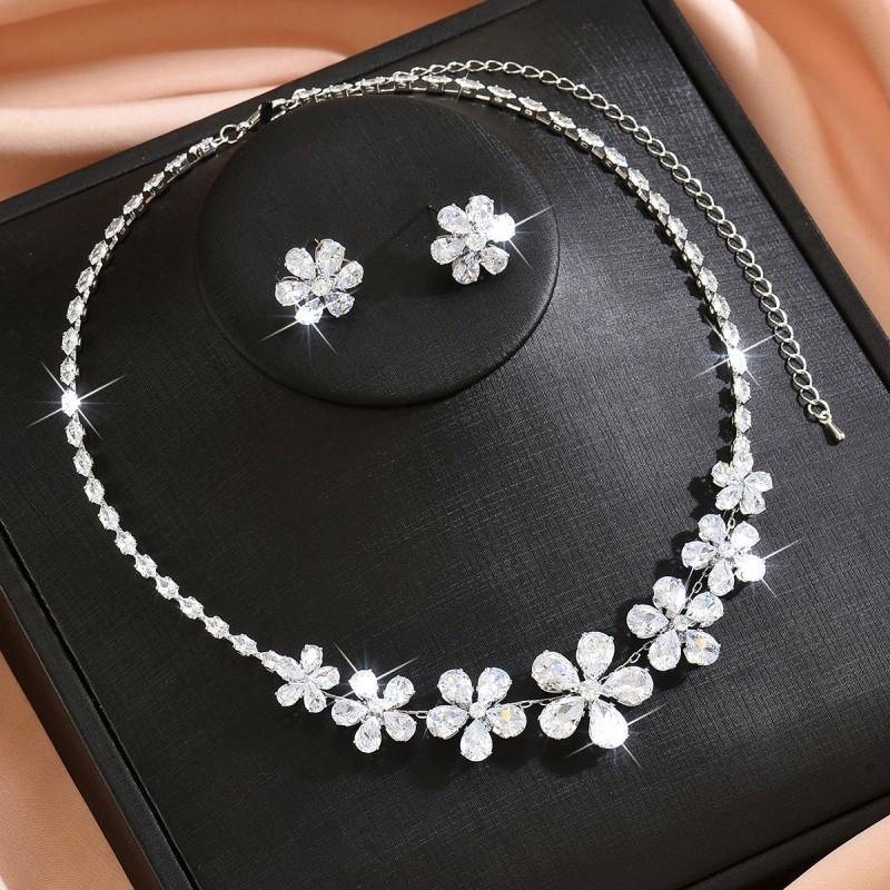 Elegant Zircon Flower Earring Necklace Set Women Copper Plated Jewelry