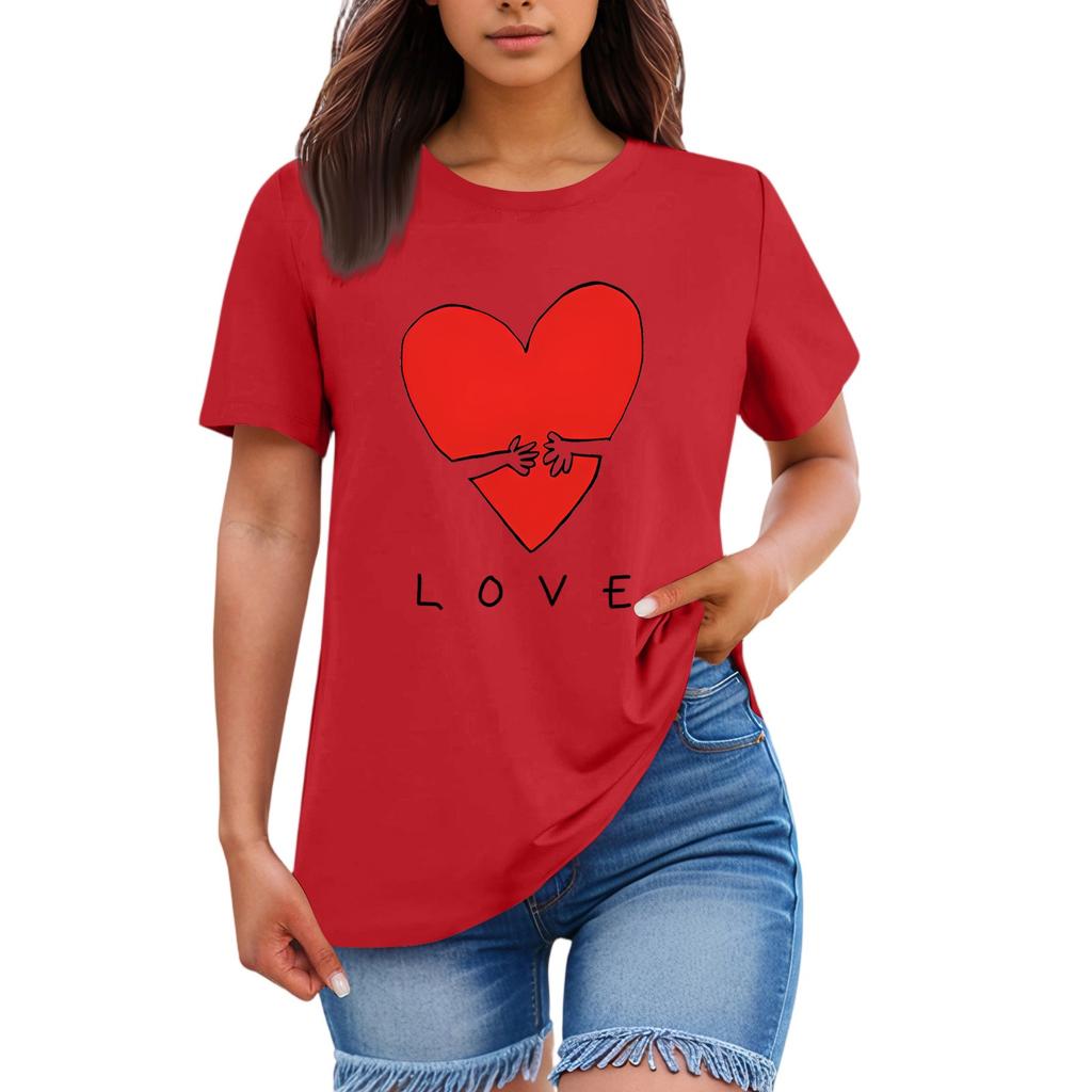 Ladies' Loose Comfortable Casual Fashionable Heart And LOVE Character Pattern Printed Round Neck Short Sleeved Shirt