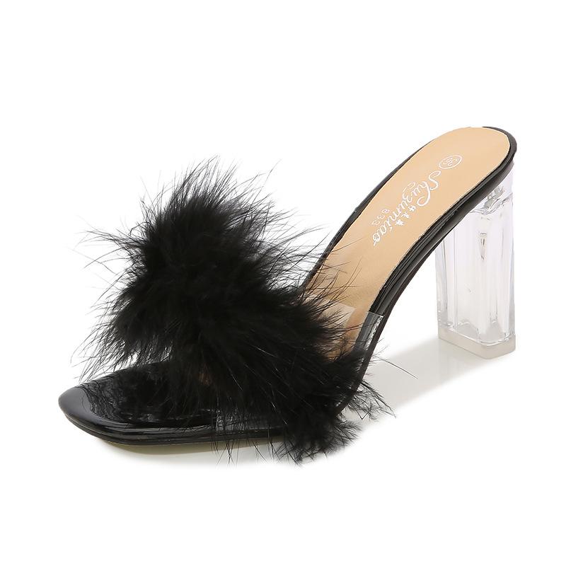 Women Clear Heels Sandals Fluffy Slippers Furry Slides for Women