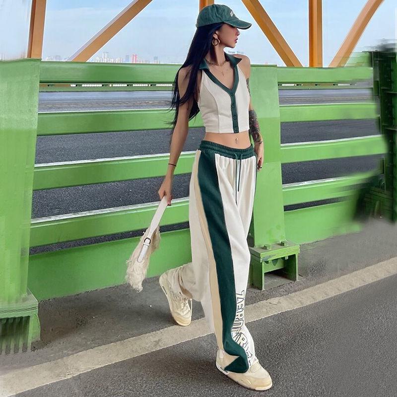 Женские джоггеры American Vintage с контрастными вставками в стиле хип-хоп - свободные широкие танцевальные брюки Jazz с высокой талией и ретро-дизайном