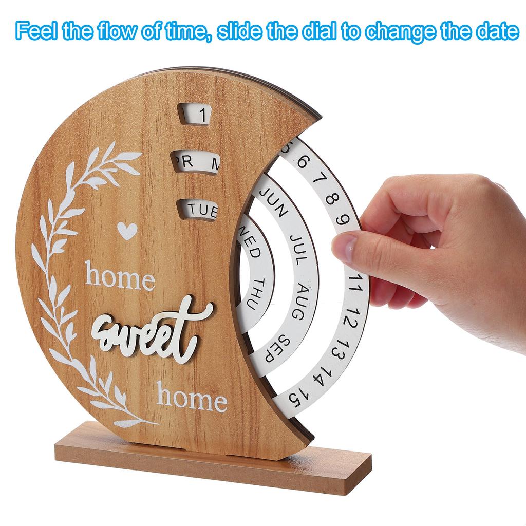 Wooden Perpetual Calendar Disc Stand Manual Rotating Turntable Calendar Month Week Date Display Home Office Desktop Decoration