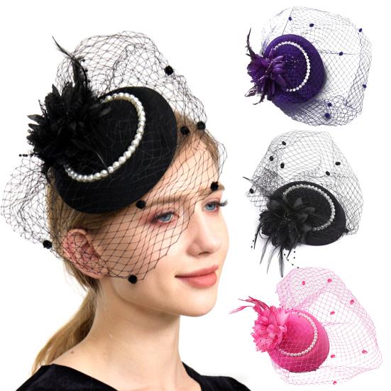 Top Hat Hair Accessories Faux Pearls Feather Flower Veil Decor Dance Headdress Fascinator Headpiece Fashion Accessory