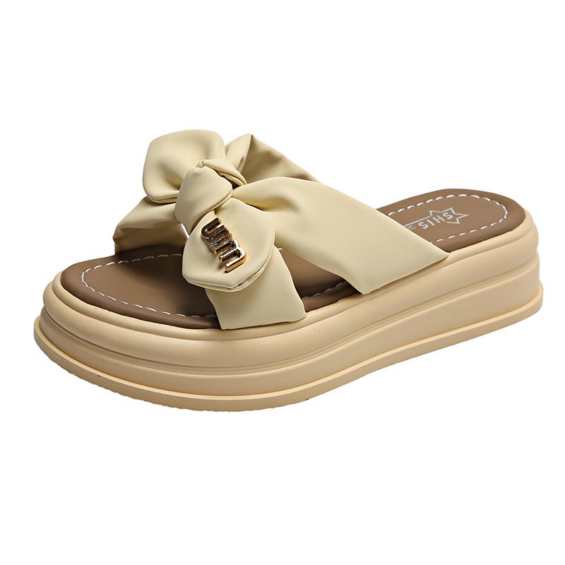 Женские милые тапочки с бантом, летние уличные нарядные с открытым носком, повседневные сандалии на толстой подошве для девочек, сандалии на платформе, большие размеры