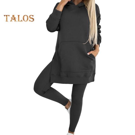 Комплект из 2 предметов: топ и брюки, длинный рукав, капюшон, разрез, толстовка с капюшоном, эластичная талия, облегающие брюки, спортивный костюм для фитнеса, повседневная домашняя одежда для школы