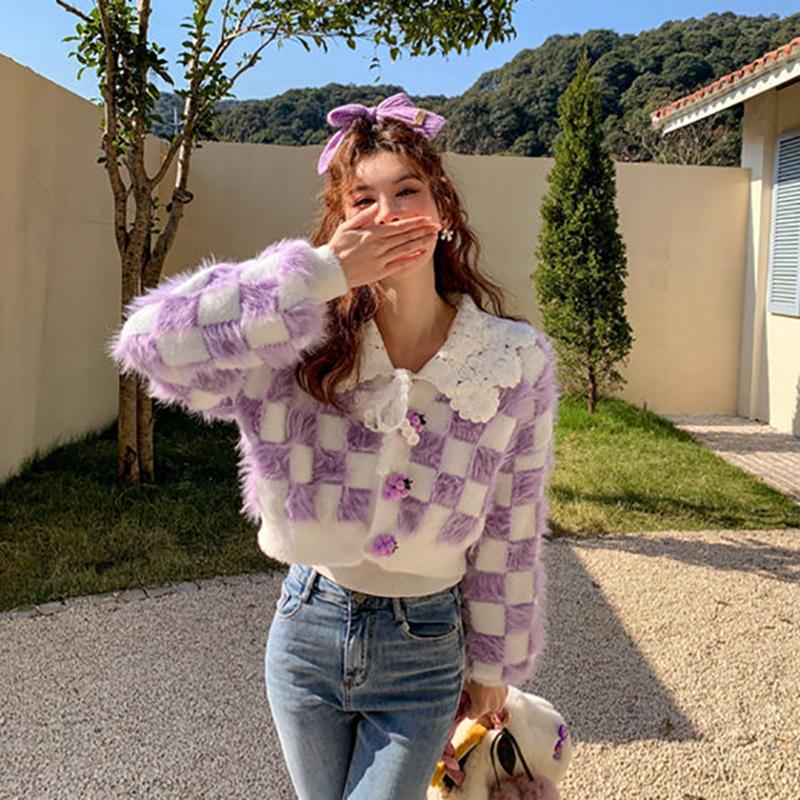 Kawaii милый укороченный свитер, кардиган, женский корейский стиль, фиолетовый клетчатый кашемировый свитер из искусственной норки с v-образным вырезом, кружевной лоскутный свитер