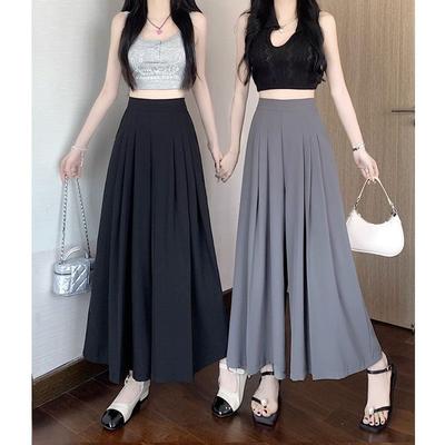 Плиссированные брюки и юбки для женщин Летом Новые С высокой талией Свободный ленивый стиль Повседневные и универсальные Брюки-кюлоты из ледяного шелка с широкими штанинами