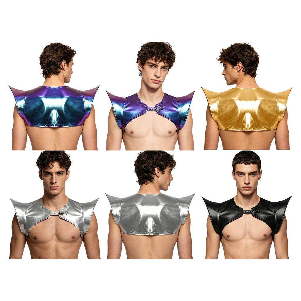 Men Structured Shoulder Armor Shrug Metallic Shiny Fly Sleeve Open Front with Buckles Crop Top for Space Party Cosplay