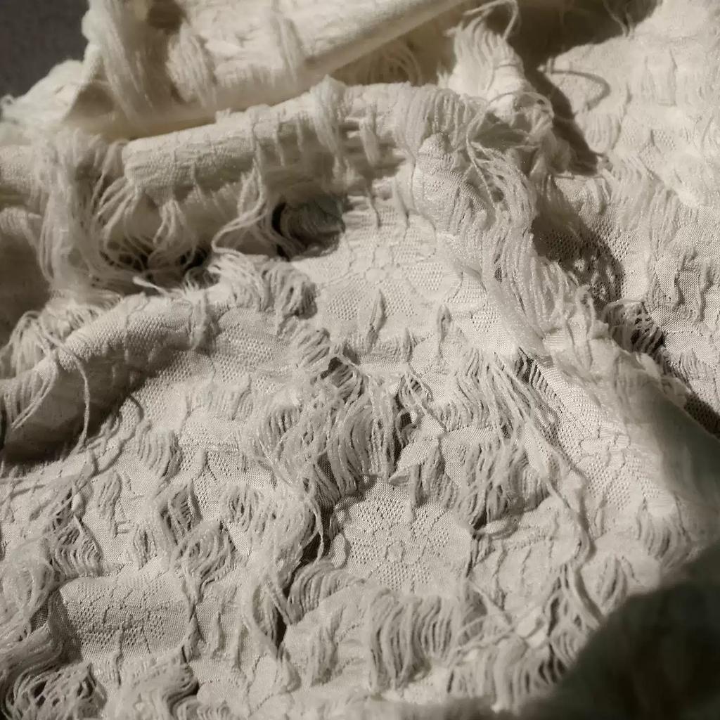 1 ярд Небеленый Белый Рваный Трещиноватый Бахрома 3D Плиссированная Текстура Полый Хлопковый Ткань Реконструированная Дизайнерская Ткань для Пэчворка